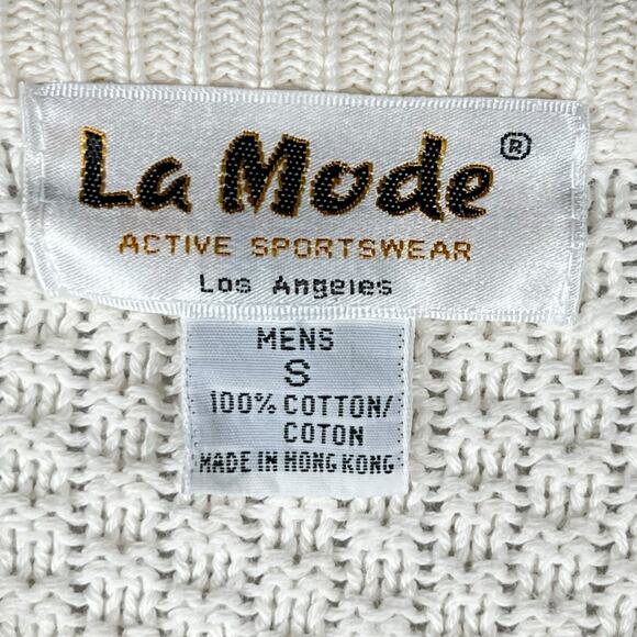 Vintage La Mode Mens Tennis Sweater Cream Waffle Knit V-Neck Small Preppy Argyle - Picture 8 of 11